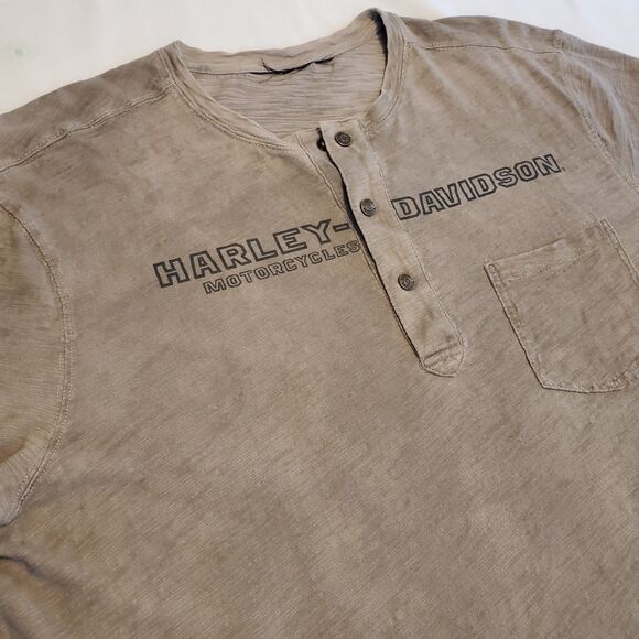 Harley Daivdson Mens Long Sleeve Burnout Snap Front Sz Large Tan Distressed - Picture 3 of 8